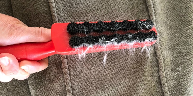 Red Lily Brush with cat fur and gray sofa in the background